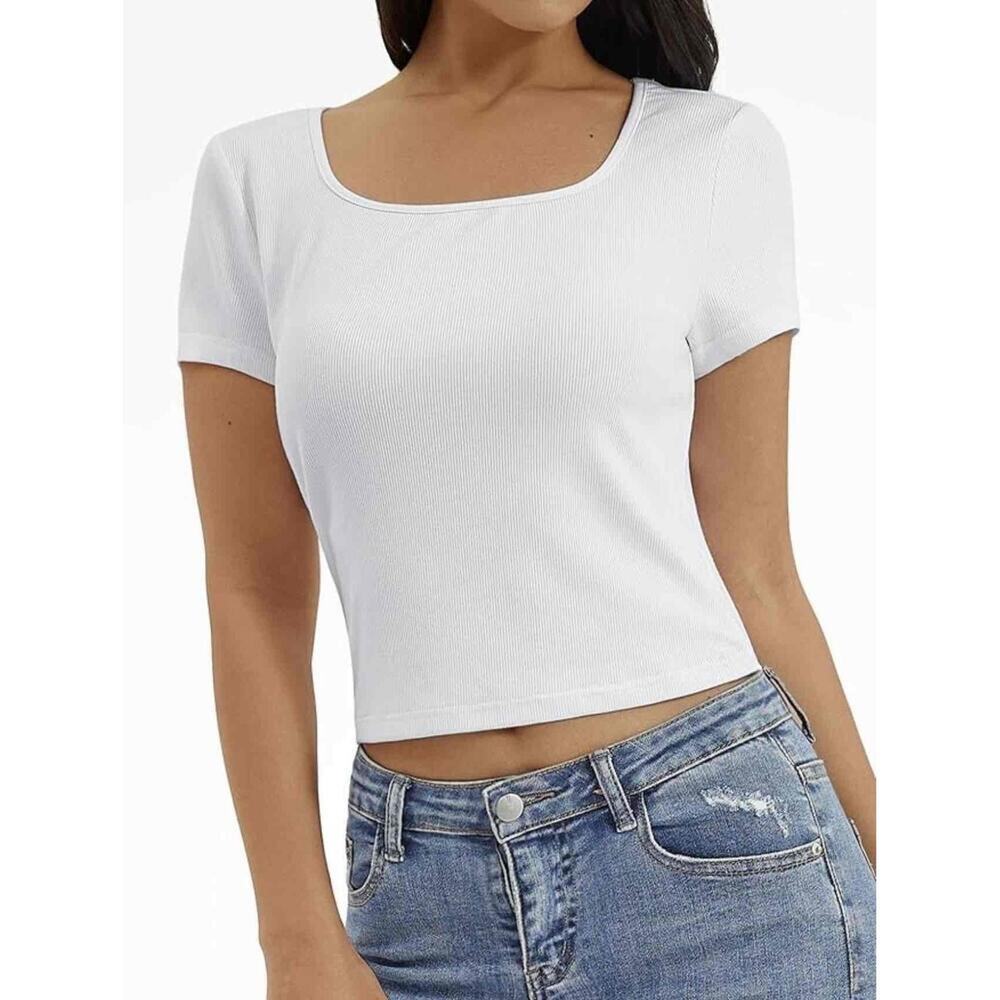 Arizona Jean Co Shirt Women's L White Ribbed Short Sleeve Square Neck Crop Top‎